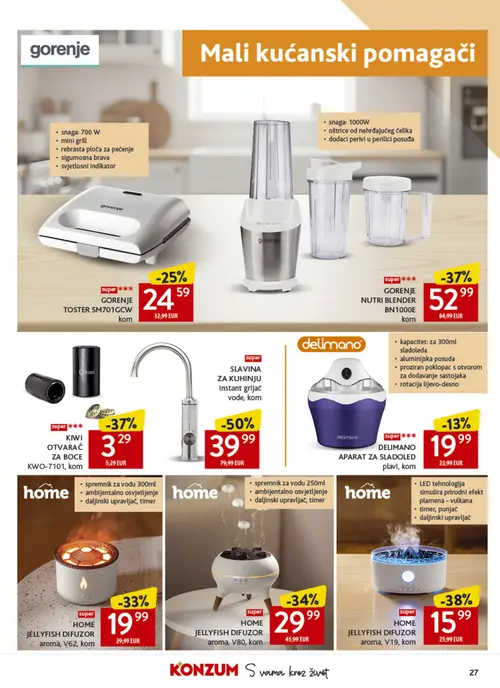 Konzum katalog — stranica 27: SLAVINA ZA KUHINJU Instant grijač vode, HOME JELLYFISH DIFUZOR aroma, V19, KIWI OTVARAČ ZA BOCE KWO-7101, GORENJE NUTRI BLENDER BN1000E (vrijedi 22. 07. 2026.–28. 07. 2026.)