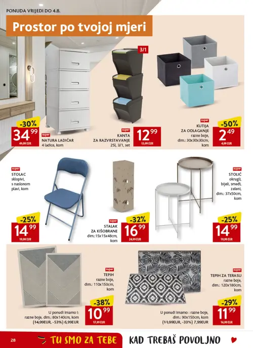 Konzum katalog — stranica 28: KUTIJA ZA ODLAGANJE razne boje, TEPIH razne boje, razne boje, STALAK ZA KIŠOBRANE (vrijedi 22. 07. 2026.–28. 07. 2026.)