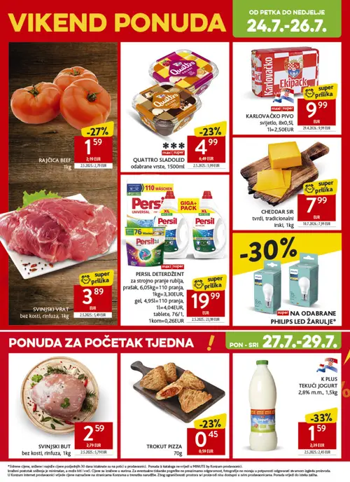 Konzum katalog — stranica 33: SVINJSKI BUT bez kosti, rinfuza, K PLUS TEKUĆI JOGURT, SVINJSKI VRAT bez kosti, rinfuza, RAJČICA BEEF (vrijedi 22. 07. 2026.–28. 07. 2026.)