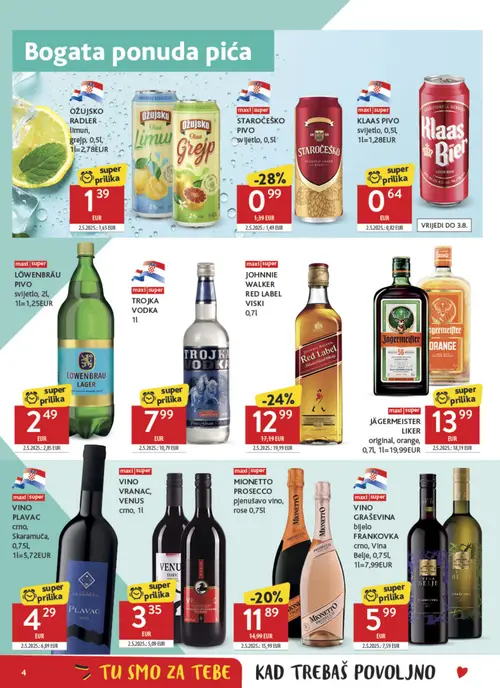 Konzum katalog — stranica 4: Johnnie Walker JOHNNIE WALKER RED LABEL VISKI 0,7l, Venus VINO VENUS crno, 1l, Staročeško STAROČEŠKO PIVO Svijetlo, 0,5l, Plavac VINO PLAVAC crno, Skaramuča, 0,75l, 1L=5,72EUR (vrijedi 22. 07. 2026.–28. 07. 2026.)