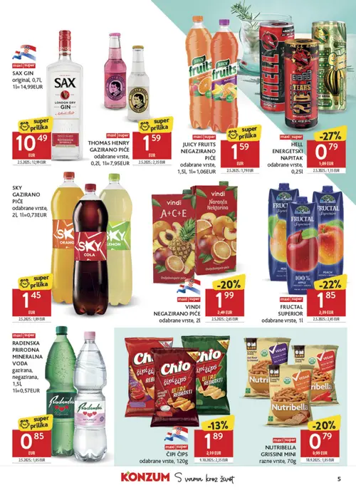 Konzum katalog — stranica 5: Thomas Henry THOMAS HENRY GAZIRANO PIĆE odabrane vrste, HELL HELL ENERGETSKI NAPITAK odabrane vrste, Fructal FRUCTAL SUPERIOR odabrane vrste, Nutribella NUTRIBELLLA GRISSINI MINI razne vrste (vrijedi 22. 07. 2026.–28. 07. 2026.)