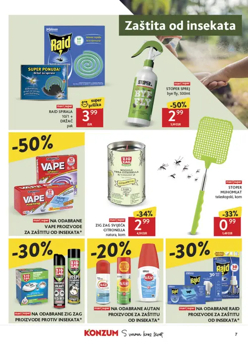 Konzum katalog — stranica 7: STOPER STOPPER SPREJ bye fly, ZIG ZAG ZIG ZAG SVIJEĆA CITRONELLA natura, STOPER STOPPER MUHOMLAT teleskopski (vrijedi 22. 07. 2026.–28. 07. 2026.)