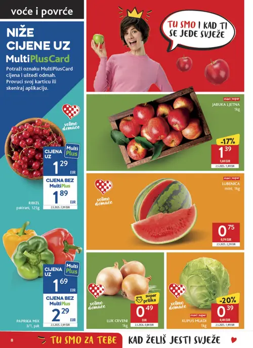 Konzum katalog — stranica 8: RIB LIZ pakirani, super prilika LUK CRVENI, PAPRIKA MIX, maxi super KUPUS MLADI (vrijedi 22. 07. 2026.–28. 07. 2026.)