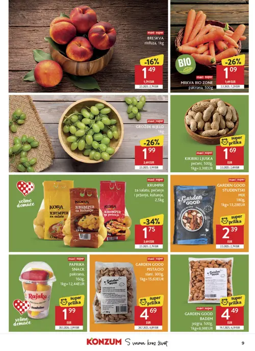 Konzum katalog — stranica 9: KORA KORA KRUMPIR za salatu, pečenje i prženje, kuhanje, Rajska PAPRIKA SNACK pakirana, KIKIRIKI LJUSKA pečeni, GARDEN GOOD GARDEN GOOD PISTACIO slani (vrijedi 22. 07. 2026.–28. 07. 2026.)