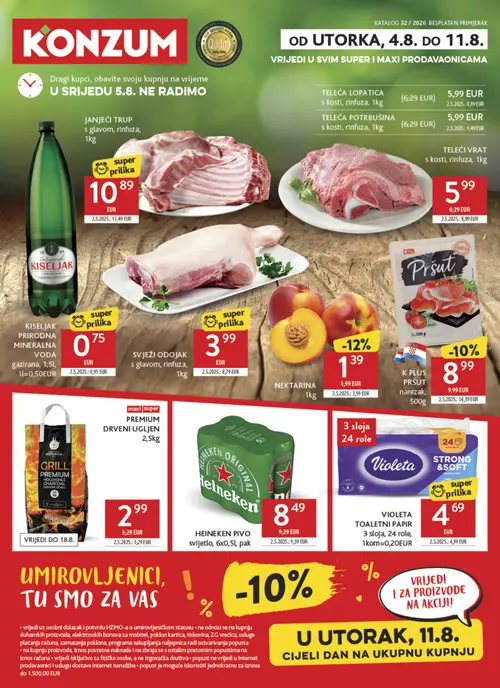 Konzum katalog — stranica 1: SVJEŽI ODOJAK s glavom, rinfuza, 1kg, TELEĆI VRAT s kosti, rinfuza, 1kg, Kiseljak KISELJAK PRIRODNA MINERALNA VODA gazirana, 1,5L, JANJEĆI TROUP s glavom, rinfuza, 1kg (vrijedi 04. 08. 2026.–11. 08. 2026.)