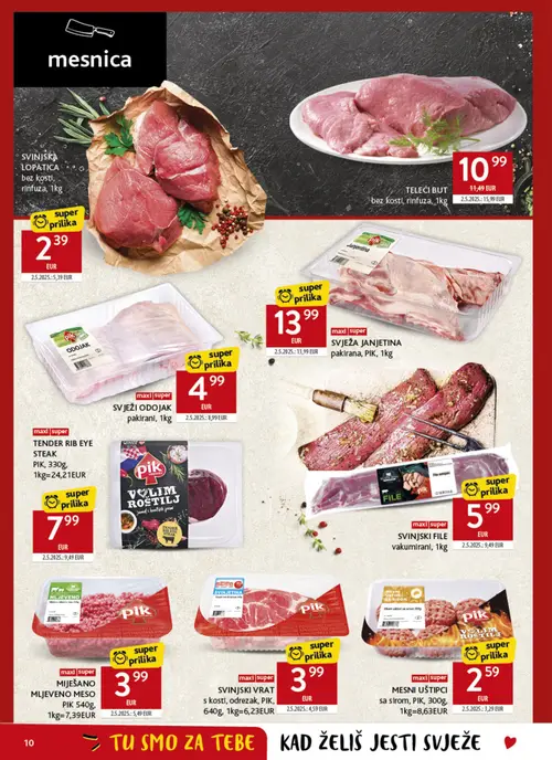 Konzum katalog — stranica 10: SVINJSKA LOPATICA bez kosti, rinfuza, PIK SVJEŽI ODOJAK pakirani, PIK SVINJSKI FILE vakumirani, PIK MIJEŠANO MLJEVENO MESO PIK (vrijedi 04. 08. 2026.–11. 08. 2026.)