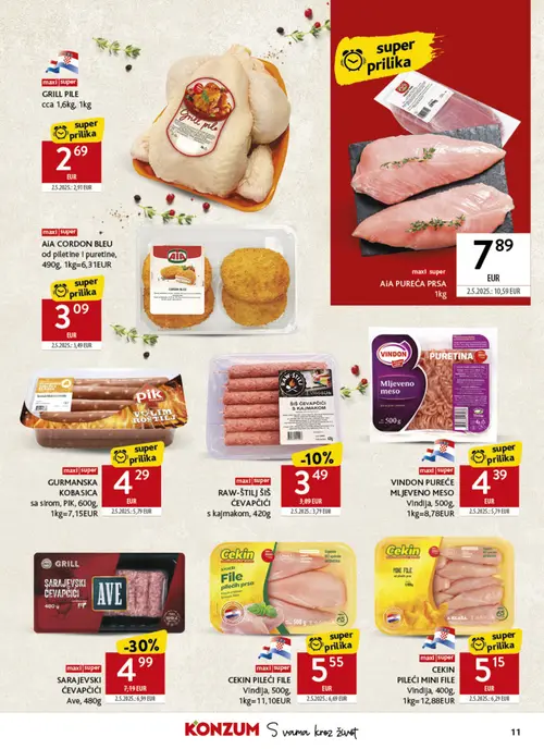 Konzum katalog — stranica 11: AVE SARAJEVSKI ĆEVAPČIĆI Ave, PIK GURMANSKA KOBASICA sa sirom, PIK, AIA AiA PUREĆA PRSA, VINDON MLJEVENO MESO Vindija (vrijedi 04. 08. 2026.–11. 08. 2026.)
