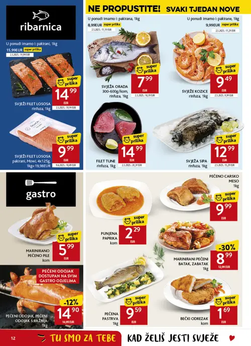 Konzum katalog — stranica 12: MARINIRANI PEČENI BATAK, ZABATAK, FILET TUNE, SVJEŽI FILET LOSOSA, SVJEŽA ORADA (vrijedi 04. 08. 2026.–11. 08. 2026.)
