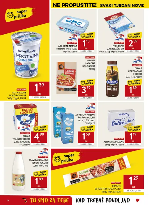 Konzum katalog — stranica 14: Alpinetta Alpinetta maslac, Minute Minute svježe tijesto za pizzu, Active zone Active zone svježi posni sir, Minute Minute lasagne bolognese (vrijedi 04. 08. 2026.–11. 08. 2026.)