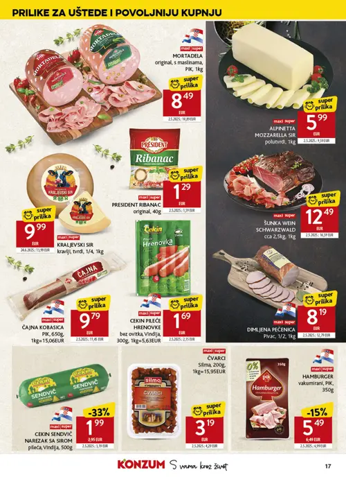 Konzum katalog — stranica 17: ALIPINETTA MOZZARELLA SIR polutvdi, Pivca DIMLJENA PEČENICA, CEKIN CEKIN SENDVIČ NAREZAK SA SIROM pileća, KRALJEVŠKI SIR kravlji, tvrdi (vrijedi 04. 08. 2026.–11. 08. 2026.)