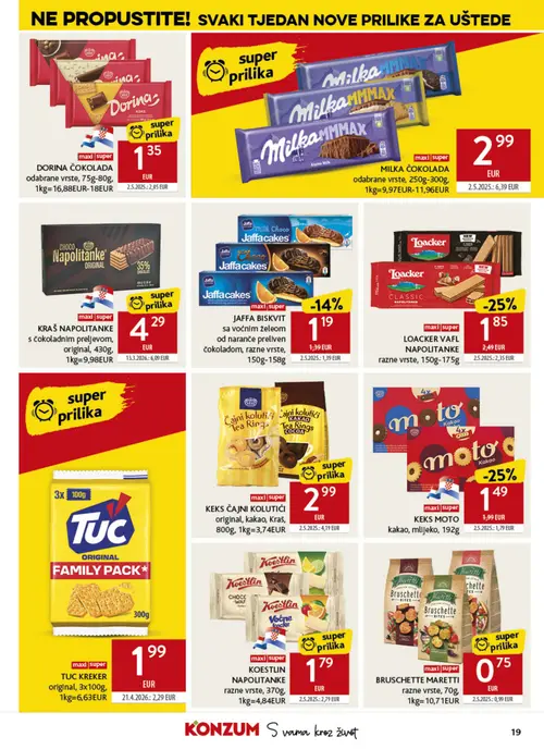 Konzum katalog — stranica 19: Koestlin KOESTLIN NAPOLITANKE razne vrste, Kraš KEKS ČAJNI KOLUTIĆI original, kakao, Loacker LOACKER VAFL NAPOLITANKE razne vrste, Maretti BRUSCHETTE MARETTI razne vrste (vrijedi 04. 08. 2026.–11. 08. 2026.)