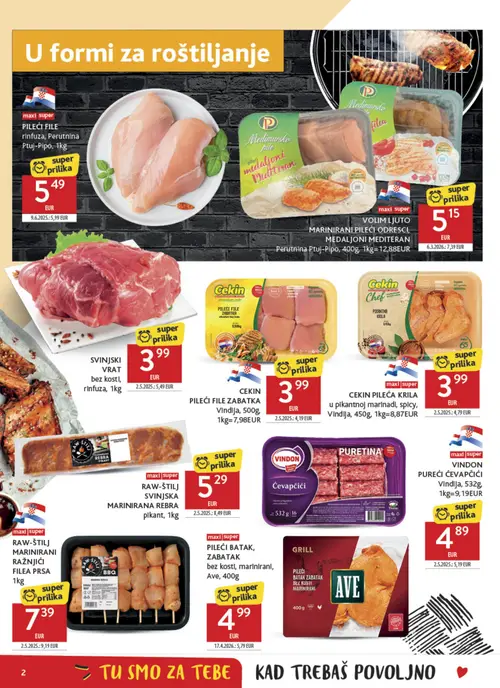 Konzum katalog — stranica 2: RAW-ŠTILJ RAW-ŠTILJ MARINIRANI REBRA pikant, Perutnina Ptuj-Pipo VOLIM LJUTO MARINIRANI PILEĆI ODRESCI, MEDALJONI MEDITERAN, SVINJSKI VRAT, RAW-ŠTILJ RAW-ŠTILJ MARINIRANI RAŽNJIĆI FILEA PRSA (vrijedi 04. 08. 2026.–11. 08. 2026.)
