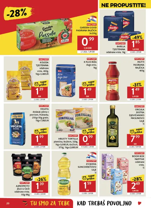Konzum katalog — stranica 20: Barilla BARILLA TJESTENINA odabrane vrste, 1kg, ORGULA ORGULA EKSTRA DJEVIČANSKO MASLINOVO ULJE 1l, HRUSTY HRUSTY TORTILLA pšenična, 8x20cm, 320g, 1kg=3,09EUR, 6x25cm, 370g, 1kg=2,68EUR, MUTTI MUTTI PASIRANA RAJČICA 400g (vrijedi 04. 08. 2026.–11. 08. 2026.)