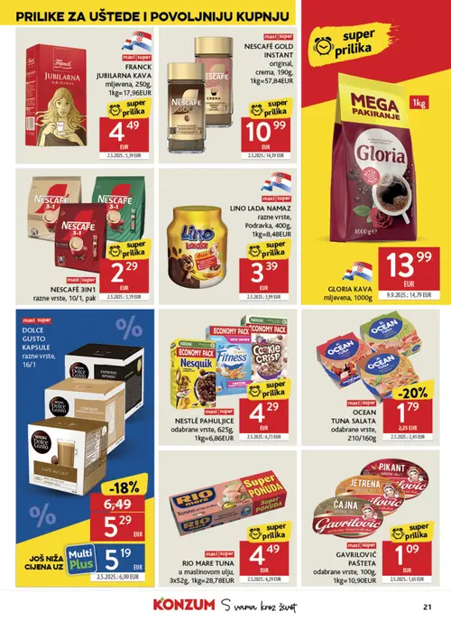 Konzum katalog — stranica 21: Nestle NESTLÉ PA ছবির odabrane vrste, 625g, Gavriloivic GAVRILOVIĆ PAŠTETA odabrane vrste, 100g, Rio Mare RIO MARE TUNA u maslinovom ulju, 3x52g, Nescafe NESCAFÉ 3IN1 razne vrste, 10/1, pak (vrijedi 04. 08. 2026.–11. 08. 2026.)