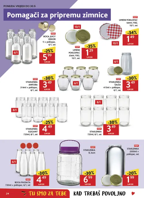 Konzum katalog — stranica 24: LIMENI POKLOPAC zlatni, FI82, 10/1, set, LIMENI POKLOPAC šareni, FI82, 10/1, set, BOCA PASSATA 720ml + poklopac, 6/1, set, STAKLENKA ŠALŠA 415ml + poklopac, 6/1, set (vrijedi 04. 08. 2026.–11. 08. 2026.)