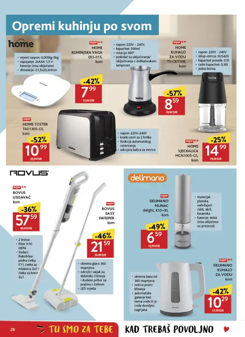 Konzum katalog — stranica 26: home HOME KUHALO ZA VODU, home HOME TOSTER, DELIMANO DELIMANO MLINAC delight, ROVUS ROVUS EASY SWEEPER (vrijedi 04. 08. 2026.–11. 08. 2026.)