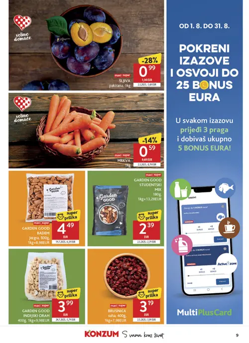 Konzum katalog — stranica 9: ŠLJIVA pakirana, MRKVA (vrijedi 04. 08. 2026.–11. 08. 2026.)