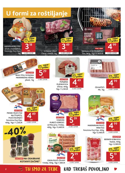 Konzum katalog — stranica 2: RAW-ŠTILJ SVINJSKA MARINIRANA REBRA plkant, SVINJSKI VRAT s kosti, rinfuza, Perutnina Ptuj-Pipo MARINIRANI PILEĆI MINI FILE, AVE BANJALUČKI ĆEVAPČIĆI (vrijedi 12. 08. 2026.–18. 08. 2026.)