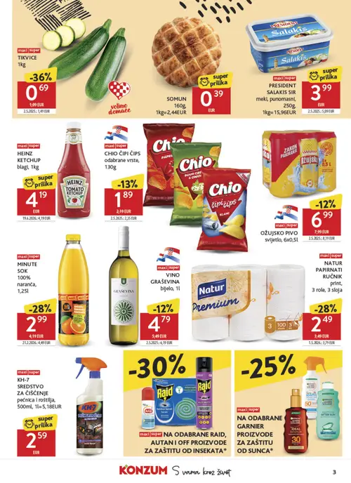 Konzum katalog — stranica 3: TIKVICE, NATUR PAPIRNATI RUČNIK print, MINUTE SOK 100% naranča, VINO GRAŠEVINA bijelo (vrijedi 12. 08. 2026.–18. 08. 2026.)