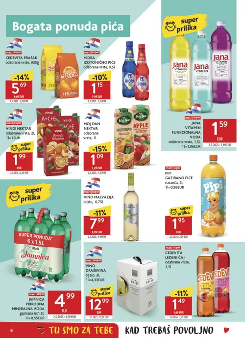 Konzum katalog — stranica 6: VINDI NEKTAR odabrane vrste, 2l, 1l=1EUR, MOJ DAN NEKTAR odabrane vrste, 1l, VINO GRAŠEVINA bijelo, 3l, 1l=4,33EUR, PIPI GAZIRANO PIĆE naranča, 2l, 1l=0,98EUR (vrijedi 12. 08. 2026.–18. 08. 2026.)