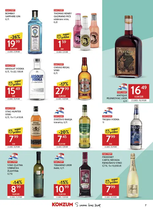 Konzum katalog — stranica 7: THOMAS HENRY GAZIRANO PIĆE odabrane vrste, 0,2l, BOMBAY SAPPHIRE GIN 0,7L, STAG HUNTER VISKI 0,7L, 1L=11,41EUR, TROJKA VODKA 1L (vrijedi 12. 08. 2026.–18. 08. 2026.)