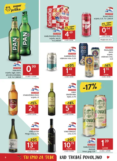 Konzum katalog — stranica 8: KLAS PIVO svijetlo, PAN PIVO svijetlo, lager, zlatni, povratna ambalaža, VINO DINGAČ crno, VINO POŠIP Merga Victa (vrijedi 12. 08. 2026.–18. 08. 2026.)