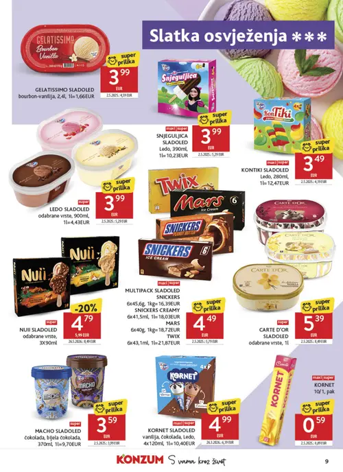 Konzum katalog — stranica 9: CARTE D'OR SLADOLED odabrane vrste, KORNET 10/1, pak, Ledo SNJegULJICA SLADOLED, LEDO SLADOLED odabrane vrste (vrijedi 12. 08. 2026.–18. 08. 2026.)