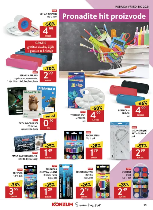 Konzum katalog — stranica 35: PERNICA SPRING s priborom, razne vrste, 1 zip, dim.: 19x3,5x4,5cm, kom, PERNICA + PRIBOR set, GEOMETRIJSKI SET + ŠESTAR pak, TEMPERE 10/1 + PALETA set (vrijedi 19. 08. 2026.–25. 08. 2026.)