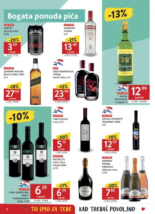 Konzum katalog — stranica 6: VINO PLAVAC crno, 0,75l, Smirnoff SMIRNOFF VODKA 0,7l, SREBRNA PENINA PJENUŠAC odabrane vrste, 0,75l, KOKTEL JACK & COLA 0,33l (vrijedi 19. 08. 2026.–25. 08. 2026.)