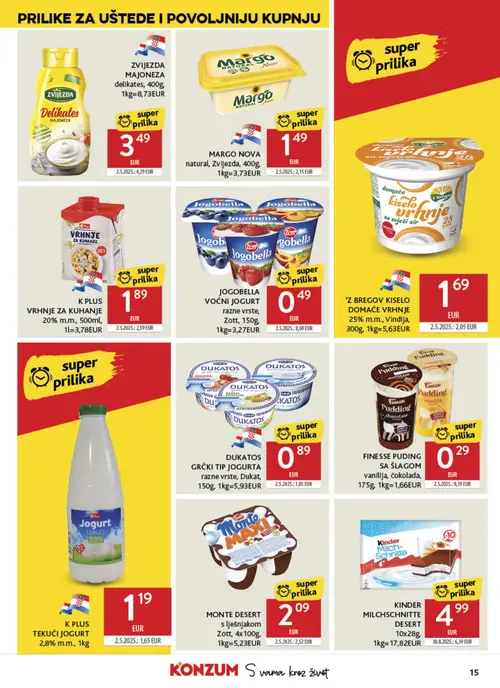 Konzum katalog — stranica 15: MARGO MARGO NOVA natural, JOGOBELLA JOGOBELLA VOĆNI JOGURT razne vrste, K PLUS TEKUĆI JOGURT 2,8% m.m., K PLUS VRHNJE ZA KUHANJE 20% m.m. (vrijedi 26. 08. 2026.–01. 09. 2026.)