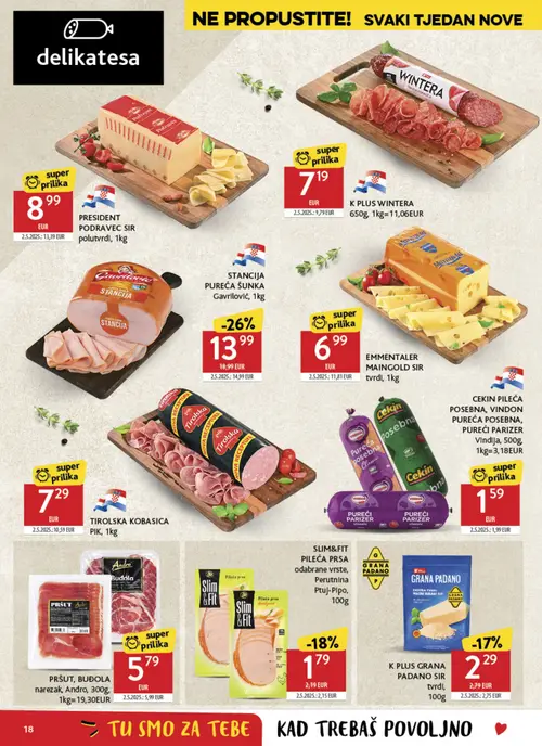 Konzum katalog — stranica 18: MAINGOLD EMMENTALER MAINGOLD SIR tvrdi, 1kg, PRESIDENT PODRAVEC SIR polutvrdI, 1kg, PIK TIROLSKA KOBASICA PIK, 1kg, K PLUS K PLUS WINTRA TRAJNA KOBASICA (vrijedi 26. 08. 2026.–01. 09. 2026.)