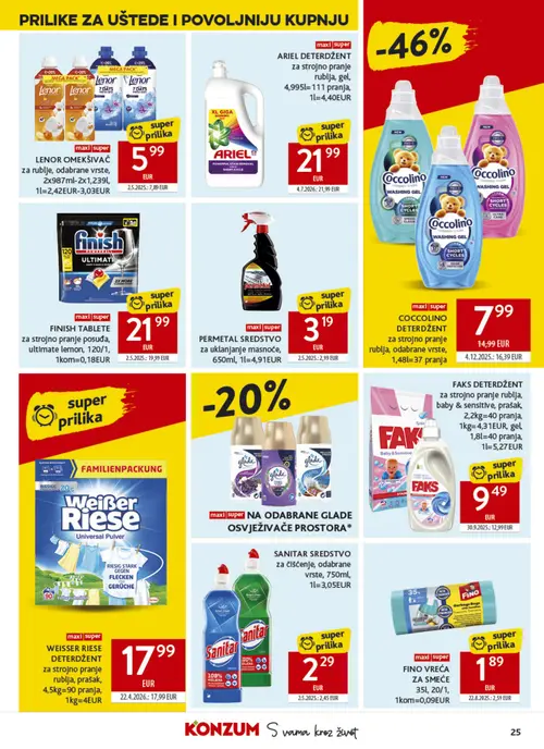 Konzum katalog — stranica 25: COCCCOLINO COCCCOLINO DETERDŽENT, FINO FINO VREĆA ZA SMEĆE, FAKS FAKS DETERDŽENT (vrijedi 26. 08. 2026.–01. 09. 2026.)