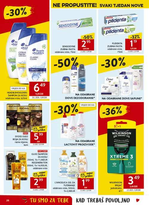 Konzum katalog — stranica 26: SENSODYNE SENSODYNE ZUBNA PASTA odabrane vrste, GLISS GLISS ŠAMPON ZA KOSU 250ml, 1L=11,96EUR, WILKINSON SWORD WILKINSON BRIJAČ Jednokratni, L'ANGELICA L'ANGELICA GEL ZA TUŠIRANJE odabrane vrste (vrijedi 26. 08. 2026.–01. 09. 2026.)