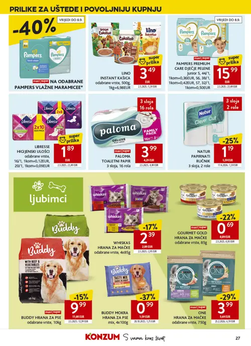 Konzum katalog — stranica 27: Libresse LIBRESSE HIGIJENSKI ULOŠCI odabrane vrste, Buddy BUDDY MOKRA HRANA ZA PSE mlx, 4x100g, ONE ONE HRANA ZA MAČKE odabrane vrste, 750g, LINO INSTANT KAŠICA odabrane vrste, 500g (vrijedi 26. 08. 2026.–01. 09. 2026.)