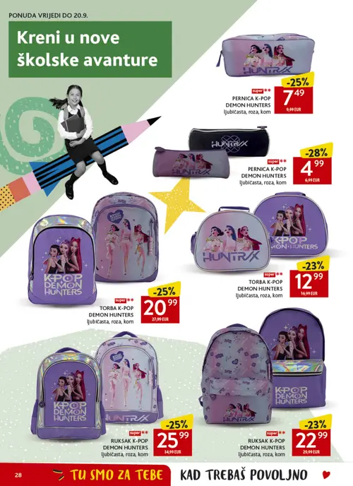 Konzum katalog — stranica 28: PERNICA K-POP DEMON HUNTERS ljubičasta, roza, kom, RUKSAK K-POP DEMON HUNTERS ljubičasta, roza, kom, PERNICA K-POP DEMON HUNTERS ljubičasta, roza, kom, TORBA K-POP DEMON HUNTERS ljubičasta, roza, kom (vrijedi 26. 08. 2026.–01. 09. 2026.)