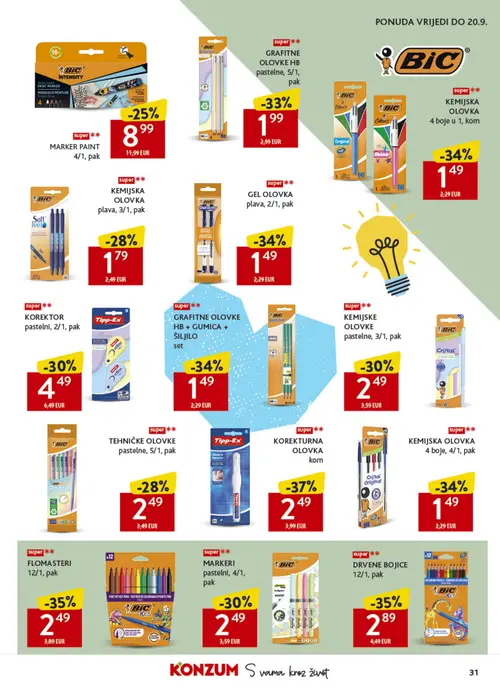 Konzum katalog — stranica 31: Tipp-Ex KOREKTURNA OLOVKA kom, BIC FLOMASTERI 12/1, pak, BIC DRVENE BOJICE 12/1, pak, BIC GRAFITNE OLOVKE HB + GUMICA + ŠILJILO set (vrijedi 26. 08. 2026.–01. 09. 2026.)