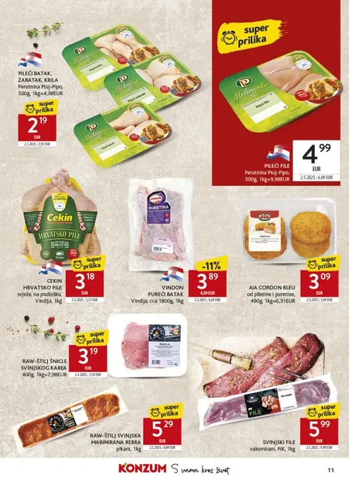 Konzum katalog — stranica 11: RAW-ŠTILJ SVINJSKA MARINIRANA REBRA pikant, 1kg, PIK SVINJSKI FILE vakumirani, PIK, 1kg, P Međimursko pile PILEĆI BATAK, ZABATAK, KRILA Perutnina Ptuj-Pipo, 500g (vrijedi 02. 09. 2026.–08. 09. 2026.)