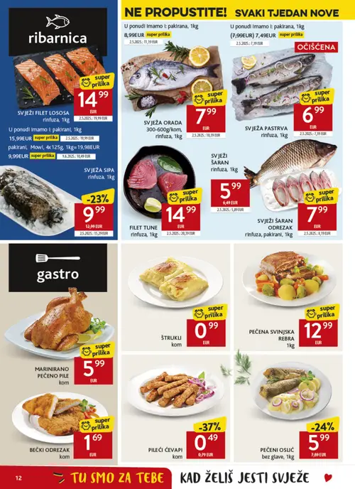 Konzum katalog — stranica 12: PILEĆI ČEVAPI, FILET TUNE, SVJEŽI FILET LOSOSA, PEČENI OSLIĆ (vrijedi 02. 09. 2026.–08. 09. 2026.)