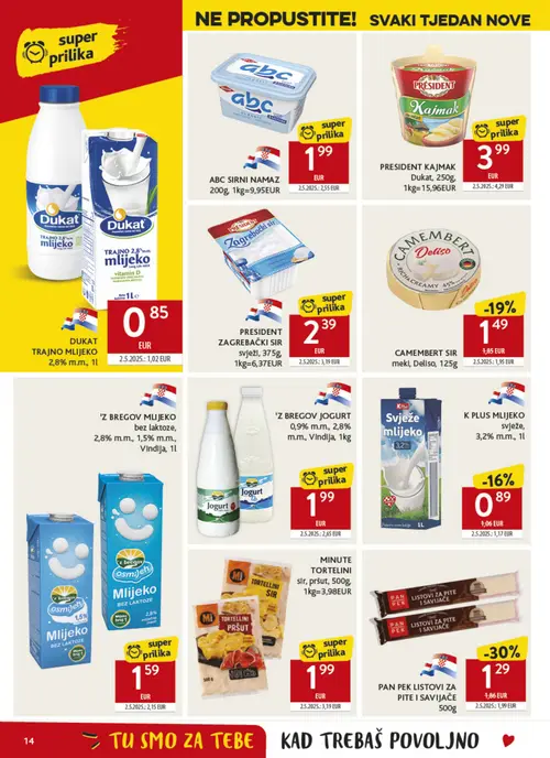 Konzum katalog — stranica 14: MINUTE TORTELINI sir, pršut,, PAN PEK LISTOVI ZA PITE I SAVIJAČE, 'Z BREGOV MLIJEKO bez laktoze, 2,8% m.m., 1,5% m.m.,, PRESIDENT Zagrebački sir svježi (vrijedi 02. 09. 2026.–08. 09. 2026.)