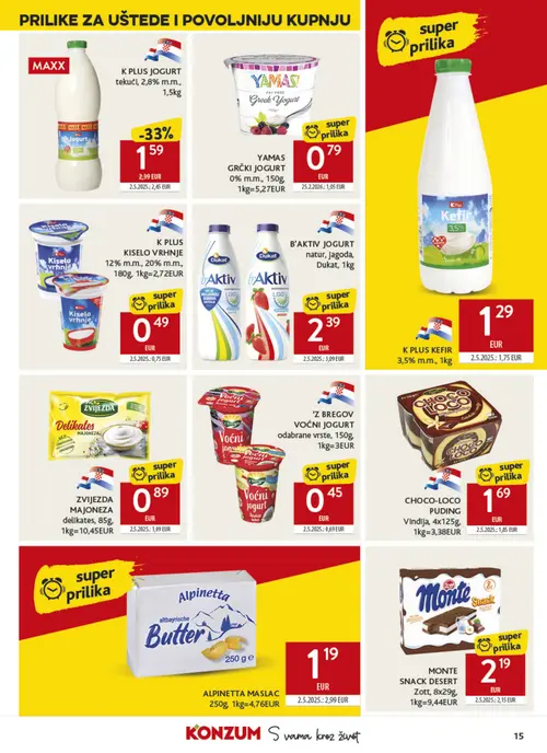 Konzum katalog — stranica 15: ALPINETTA MASLAC 250g, 'Z BREGOV VOĆNI JOGURT odabrane vrste, 150g, K PLUS KISELO VRHNJE 12% m.m., 20% m.m., 180g, K PLUS JOGURT tekući, 2,8% m.m., 1,5kg (vrijedi 02. 09. 2026.–08. 09. 2026.)