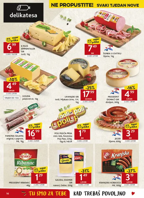 Konzum katalog — stranica 16: GAUDA, EDAMER sir, JEGER, PANONA SALAMA original, s paprom, PIK KRANJSKA KOBASICA (vrijedi 02. 09. 2026.–08. 09. 2026.)