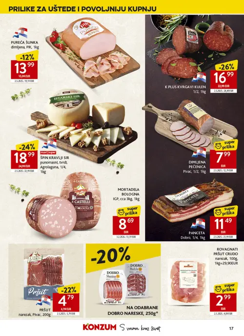 Konzum katalog — stranica 17: Dobro PANCETA Dobro, DIMLJENA PEČENICA Pivac, MORTADELA BOLOGNA IGP, Rovagnati PRŠUT CRUDO narezak, Rovagnati (vrijedi 02. 09. 2026.–08. 09. 2026.)