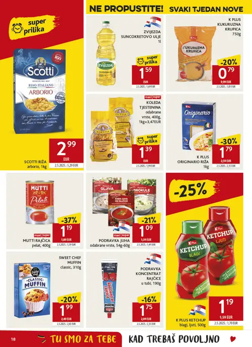 Konzum katalog — stranica 18: SCOTTI RIŽA arborio, 1kg, KOLEDA TJESTENINA odabrane vrste, 400g, K PLUS KETCHUP blagi, ljuti, 500g, PODRAVKA JUHA odabrane vrste, 54g-60g (vrijedi 02. 09. 2026.–08. 09. 2026.)