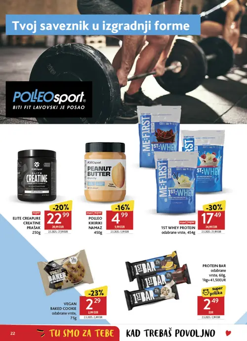Konzum katalog — stranica 22: POLLEOSPORT 1ST WHEY PROTEIN odabrane vrste,, POLLEOSPORT VEGAN BAKED COOKIE odabrane vrste,, POLLEOSPORT ELITE CREAPURE CREATINE PRAŠAK (vrijedi 02. 09. 2026.–08. 09. 2026.)