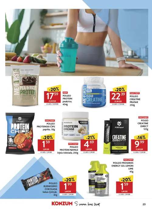 Konzum katalog — stranica 23: POLLEO PROTEIN CREAM vanilija, POLLEO BUENISSIMO ČOKOLADA kakao-lješnjak, POLLEO PROSERIES ENERGY GEL LEMON LIME, POLLEO PROTEINSKI ČIPS paprika (vrijedi 02. 09. 2026.–08. 09. 2026.)