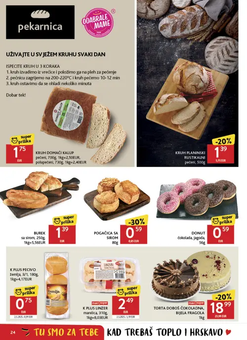 Konzum katalog — stranica 24: POGAČICA SA SIROM, K PLUS PECIVO žemlja, K PLUS LINZER marelica, TORTA DOBOŠ čokoladna, BIJELA FRAGOLA (vrijedi 02. 09. 2026.–08. 09. 2026.)