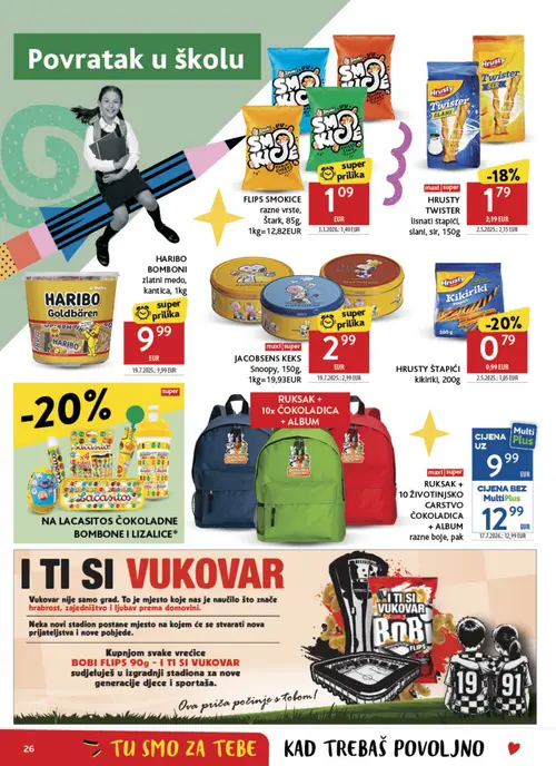 Konzum katalog — stranica 26: Smoki FLIPS SMOKICE razne vrste, RUKSAK + 10 ŽIVOTINJSKO CARSTVO ČOKOLADICA + ALBUM, HRUSTY ŠTAPIĆI kikiriki (vrijedi 02. 09. 2026.–08. 09. 2026.)