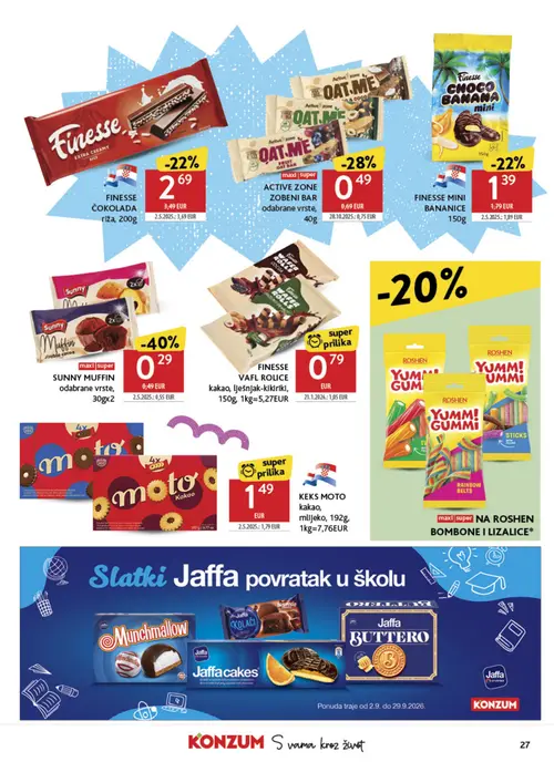 Konzum katalog — stranica 27: SUNNY MUFFIN, ACTIVE ZONE ZOBENI BAR, FINESSE VAFL ROLICE, FINESSE ČOKOLADA (vrijedi 02. 09. 2026.–08. 09. 2026.)