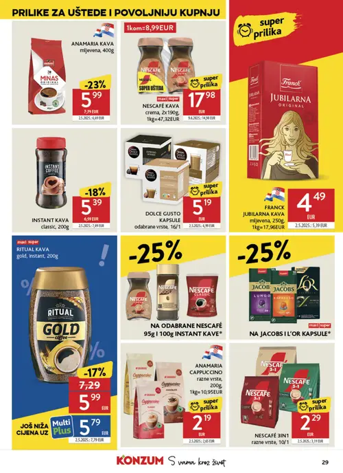 Konzum katalog — stranica 29: NESCAFÉ 3IN1 razne vrste, 10/1, NESCAFÉ DOLCE GUSTO KAPSULE odabrane vrste, 16/1, RITUAL KAVA gold, Instant, 200g, ANAMARIA KAVA mljevena, 400g (vrijedi 02. 09. 2026.–08. 09. 2026.)