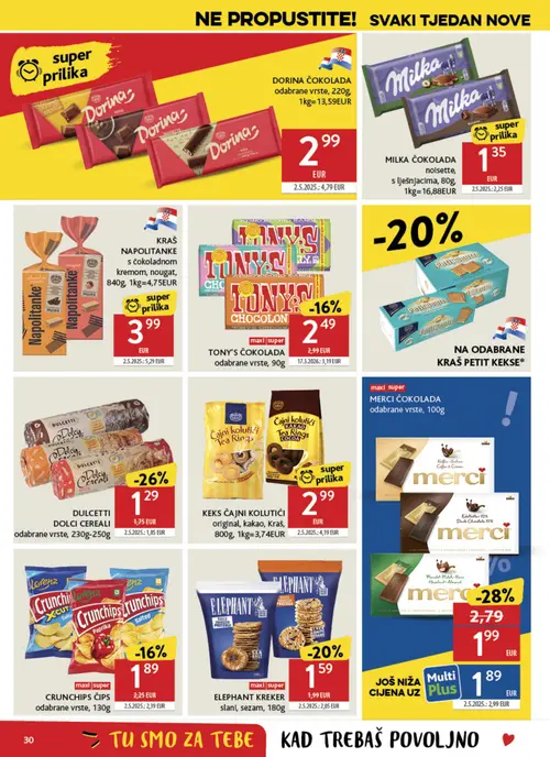 Konzum katalog — stranica 30: Multi Plus, MERCI ČOKOLADA odabrane vrste, 100g, DULCETTI DOLCI CEREALI odabrane vrste, 230g-250g, ELEPHANT KREKER slani, sezam, 180g (vrijedi 02. 09. 2026.–08. 09. 2026.)